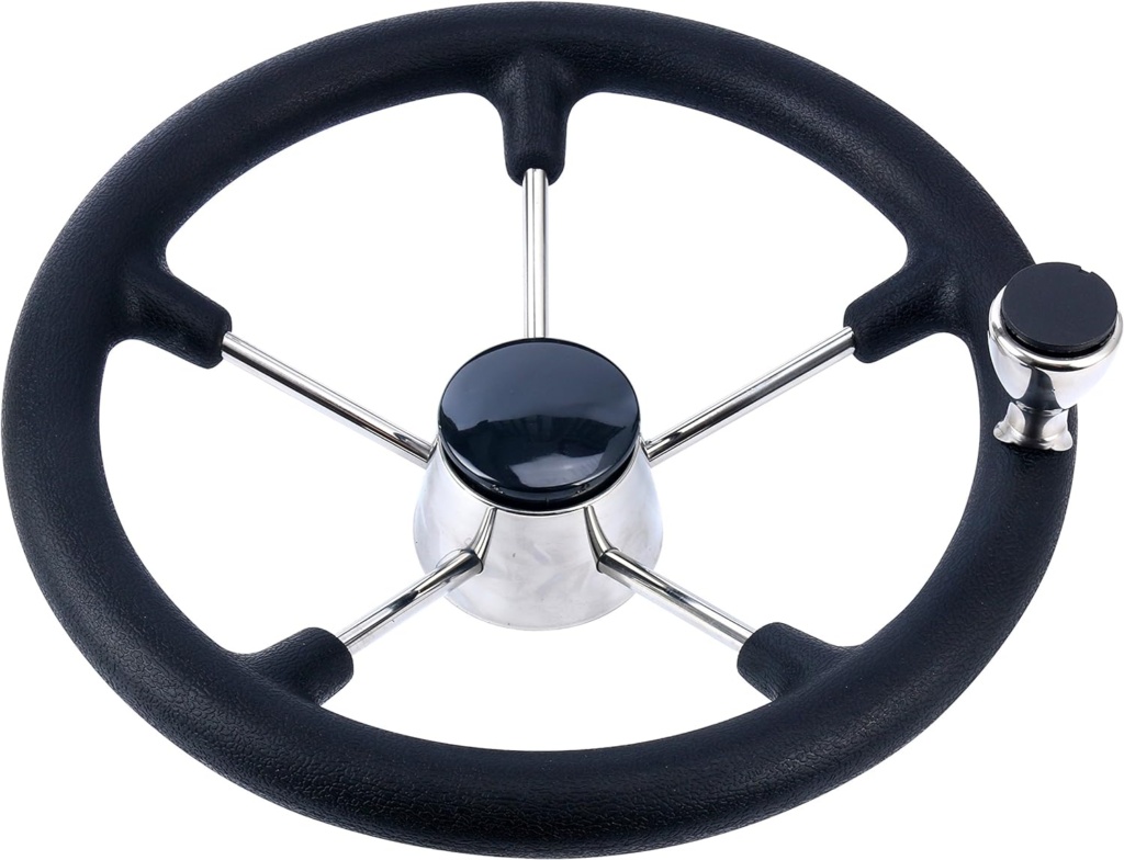 Amarine Made Boat Marine 5 Spoke 13-1/2 Inch Destroyer Steering Wheel with Black Foam Grip and Knob