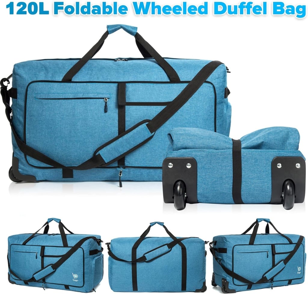 Bago Rolling Duffle Bag with Wheels - 30 100L Foldable Weekender Bag, Waterproof Travel Duffel Bag, Heavy Duty lightWeight Duffle Bag for Traveling, Rolling Duffel Bag with Wheels (Black)