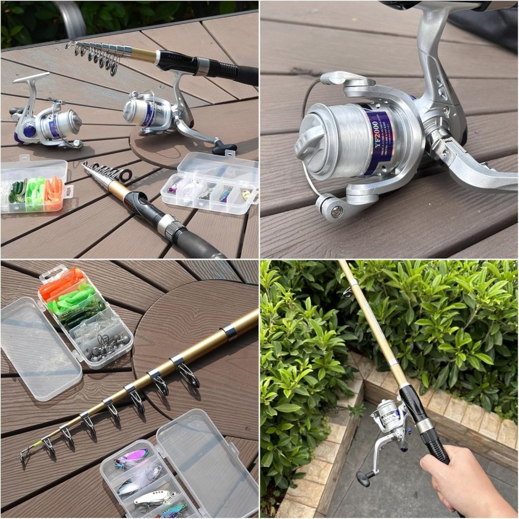 Fishing Pole Set Fishing Rod and Reel Combo,2PCS 1.9M/2.1M Collapsible Fishing Rod Set with 2PCS Spinning Reels 2 Set of Lures Baits and a Carrier Bag,Prefect for Fishing Travel