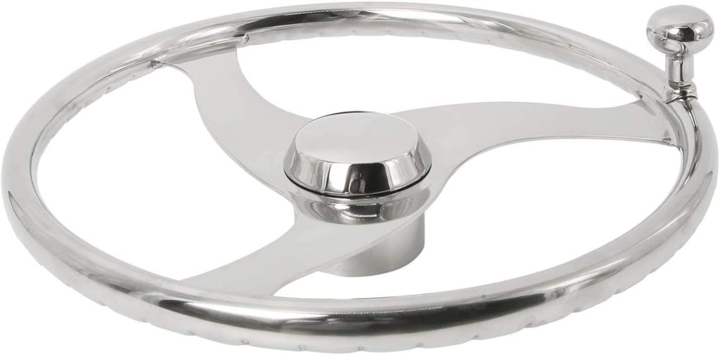 NovelBee 3 Spokes Stainless Steel Sports Steering Wheel with Finger Grips,Control knob and Cover for Marine Boat (Dia.13-1/2”)