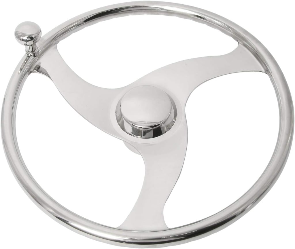 NovelBee 3 Spokes Stainless Steel Sports Steering Wheel with Finger Grips,Control knob and Cover for Marine Boat (Dia.13-1/2”)