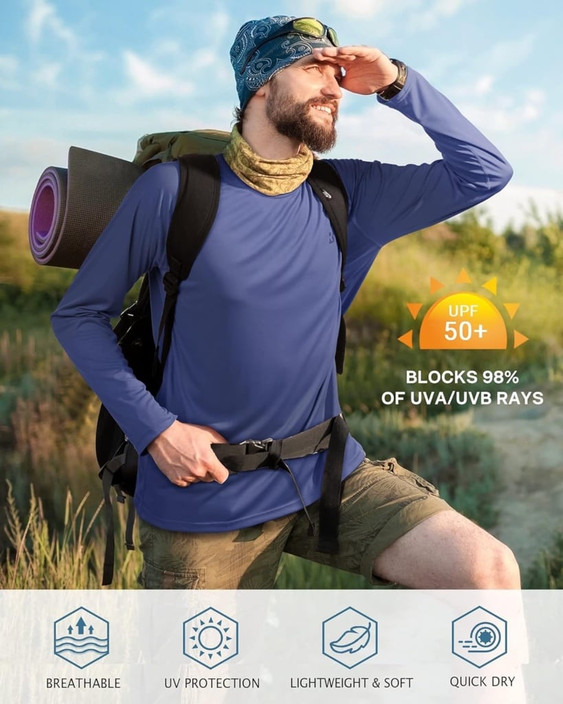 Roadbox Mens UPF 50+ UV Sun Protection Shirts Outdoor Long Sleeve SPF Rash Guard for Fishing Hiking Swimming Running