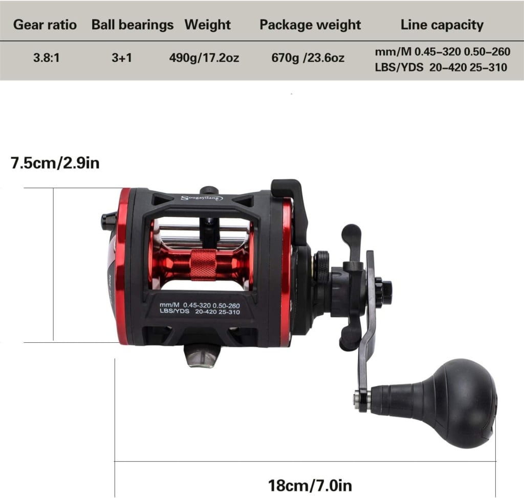 Sougayilang Trolling Reel Level Wind Conventional Reel Graphite Body Fishing Reel, Durable Stainless-Steel, Large Line Capacity
