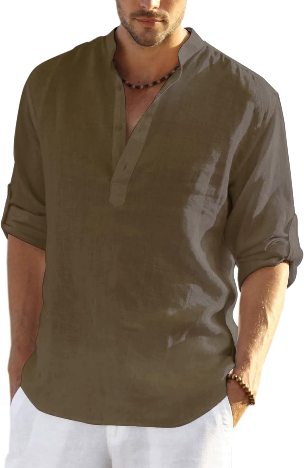 COOFANDY Mens Cotton Linen Henley Shirt Long Sleeve Hippie Casual Beach T Shirts