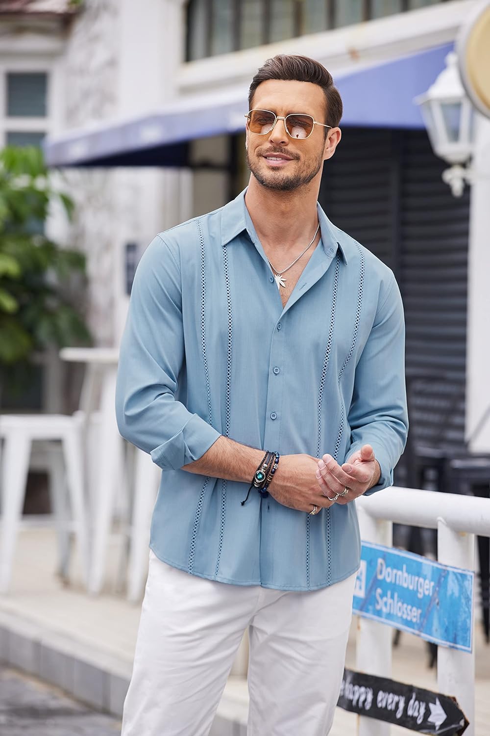 COOFANDY Mens Cuban Guayabera Shirt Casual Button Down Shirts Long Sleeve Beach Linen Shirts
