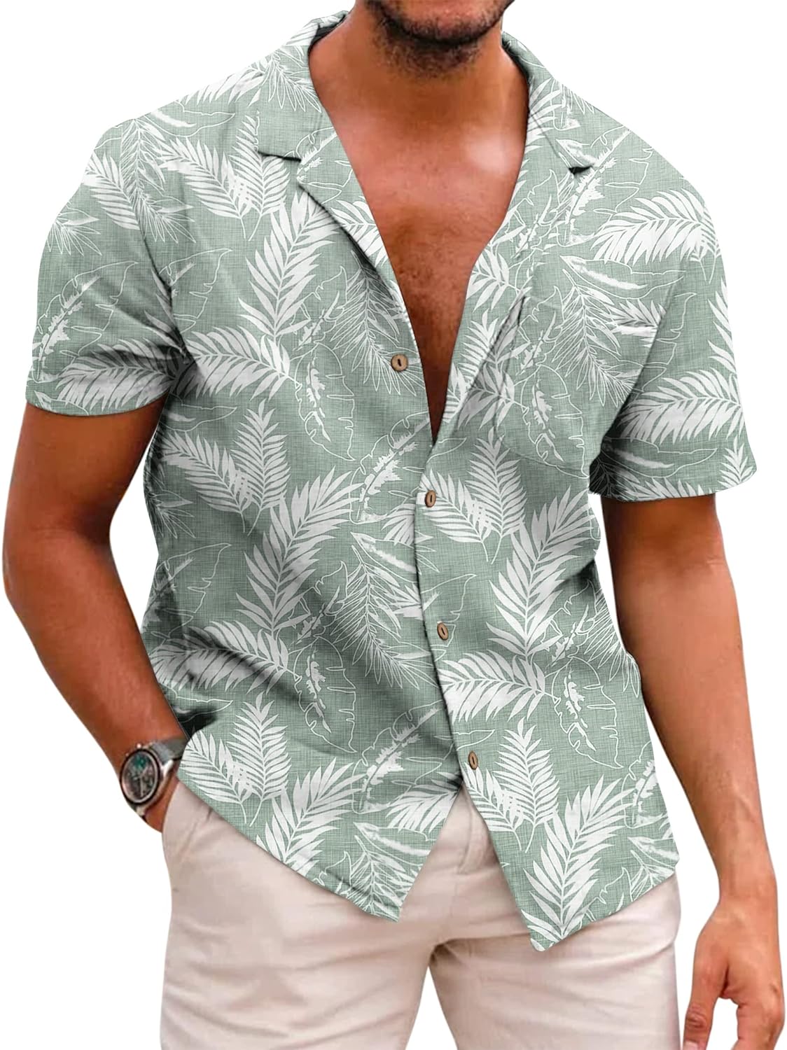 COOFANDY Mens Hawaiian Floral Cotton Linen Button Down Tropical Holiday Beach Shirts