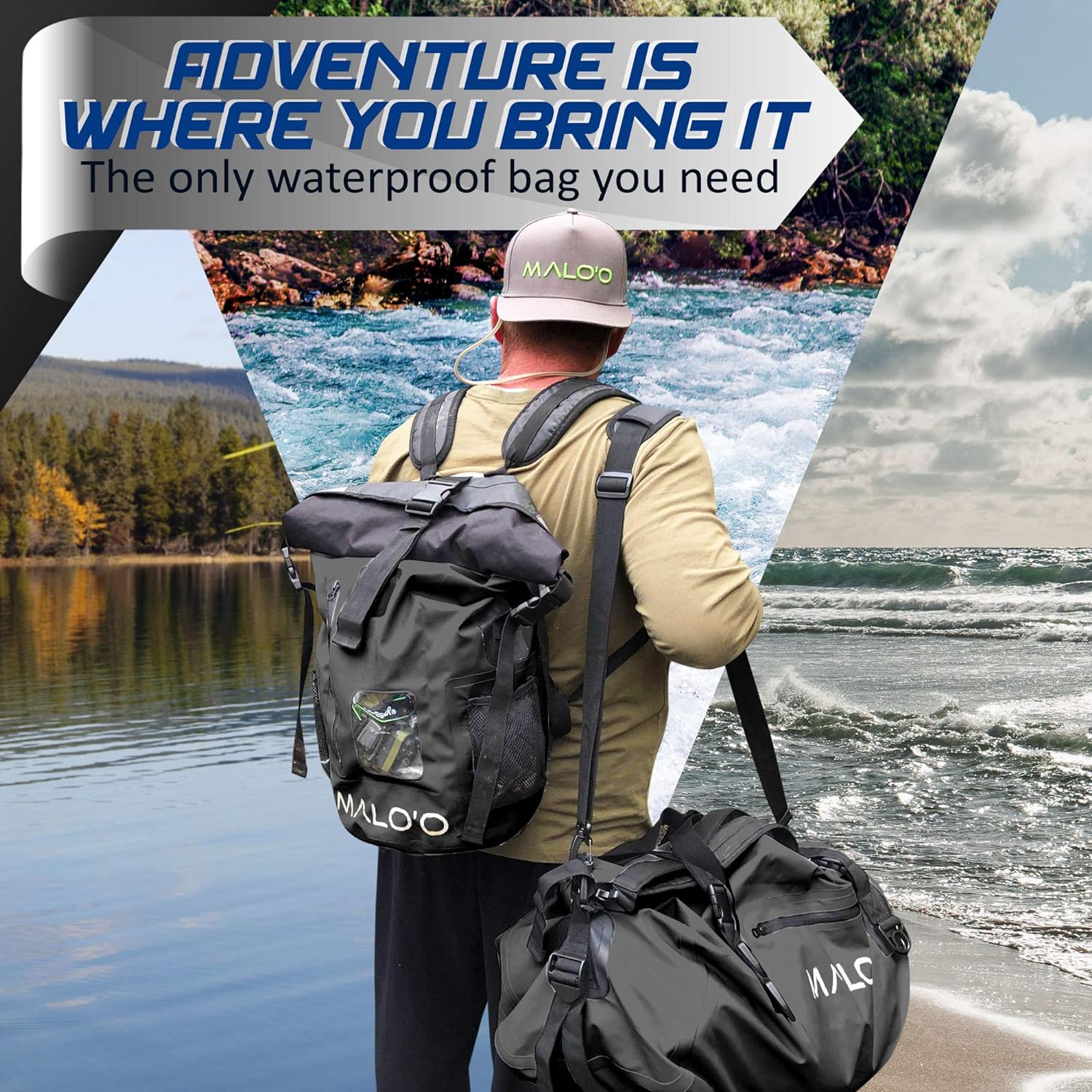 Maloo Waterproof Dry Bag Duffel 40L/60L/100L, Roll Top Duffel Keeps Gear Dry for Kayaking, Rafting, Boating, Swimming, Camping, Hiking, Beach, Fishing - Internal  External Pockets and Molle Loops