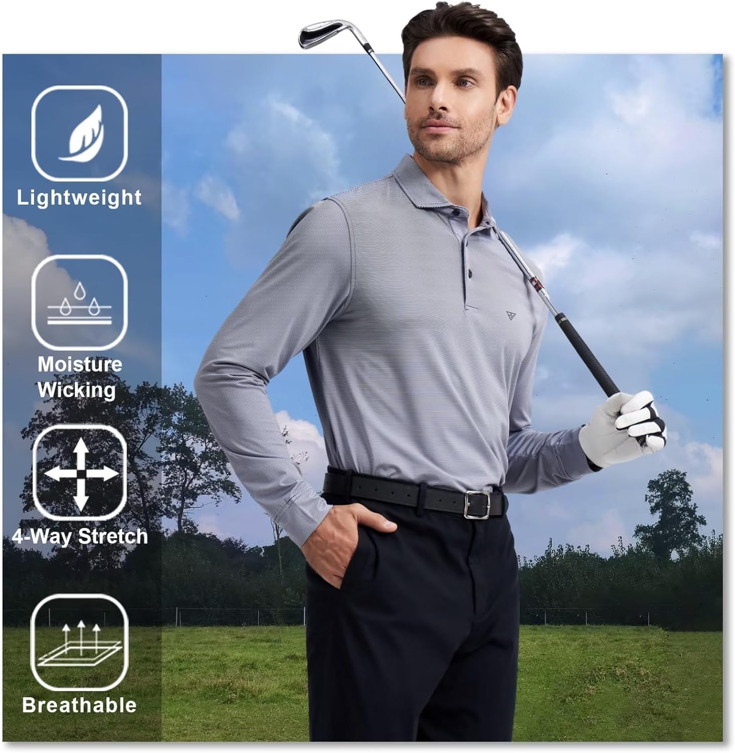 MICHEL ROUEN Long Sleeve Polo Shirts for Men Performance Moisture Wicking Lightweight Athletic Striped Golf Shirts for Men