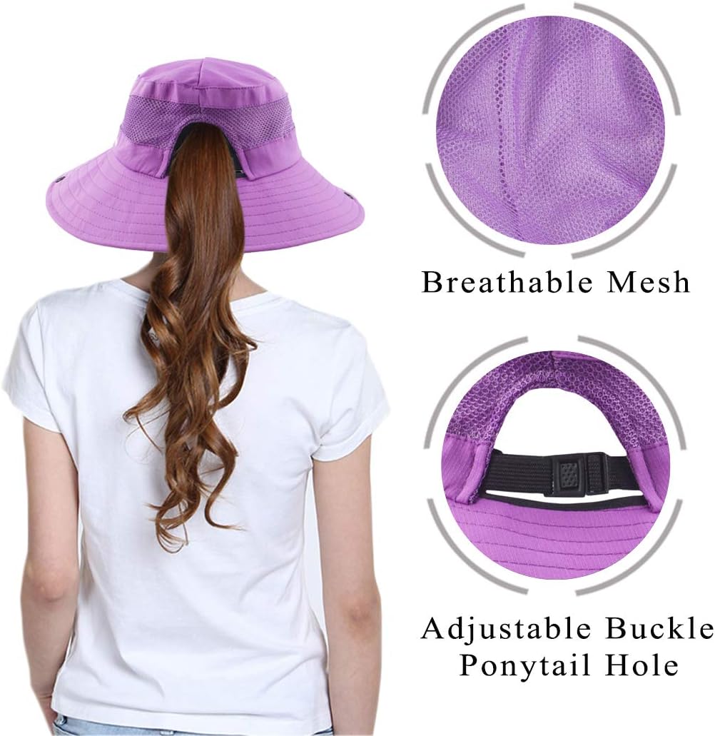 Muryobao Womens Ponytail Sun Hat UV Protection Foldable Mesh Wide Brim Beach Fishing Hat