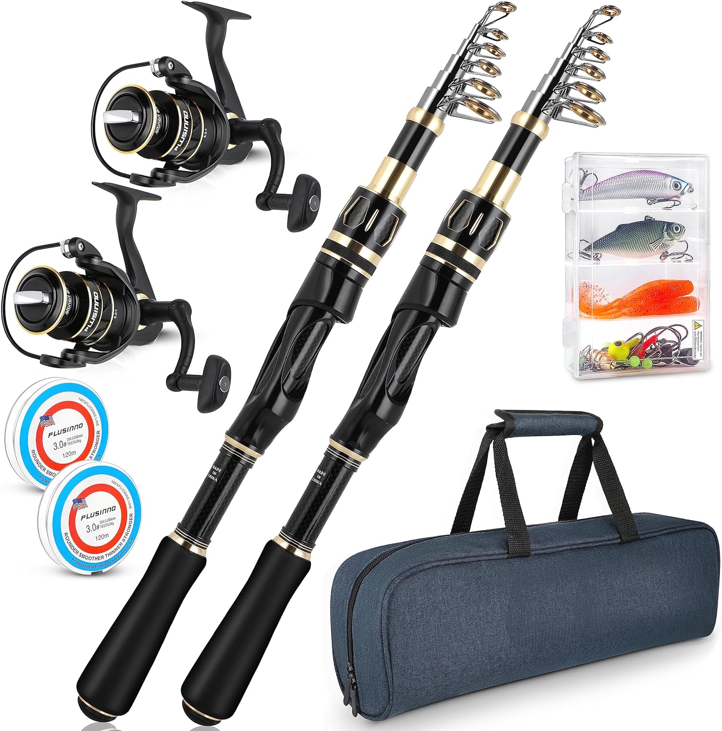 PLUSINNO Fishing Rod and Reel Combos Set,Telescopic Fishing Pole with Spinning Reels, Carbon Fiber Fishing Rod for Travel Saltwater Freshwater Fishing