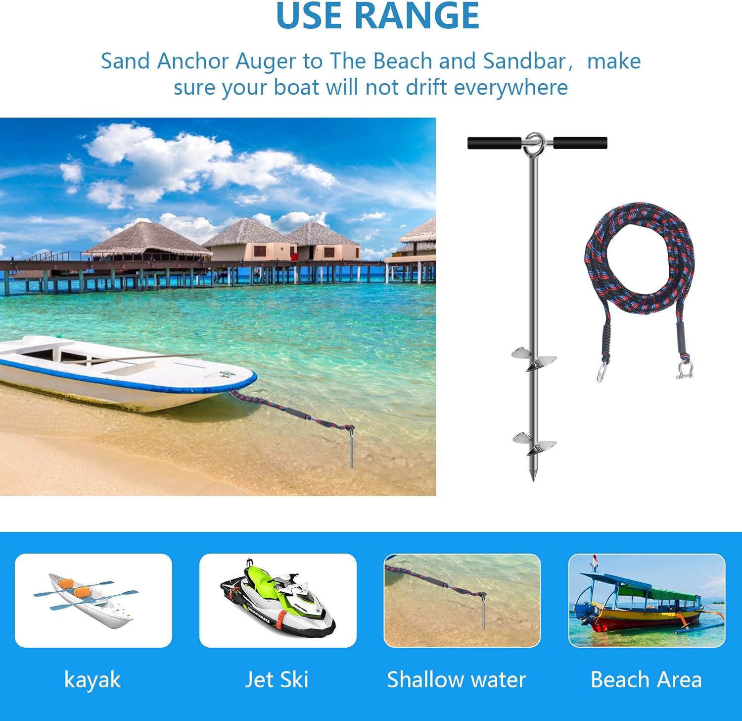 Sand Anchor,Boat Screw Anchor with Removable Handle,Boat Sand Anchor with Bungee Dock Line，Shallow Water Anchor for Boats,Jet Ski,PWC,Pontoon,Kayak,Canoe
