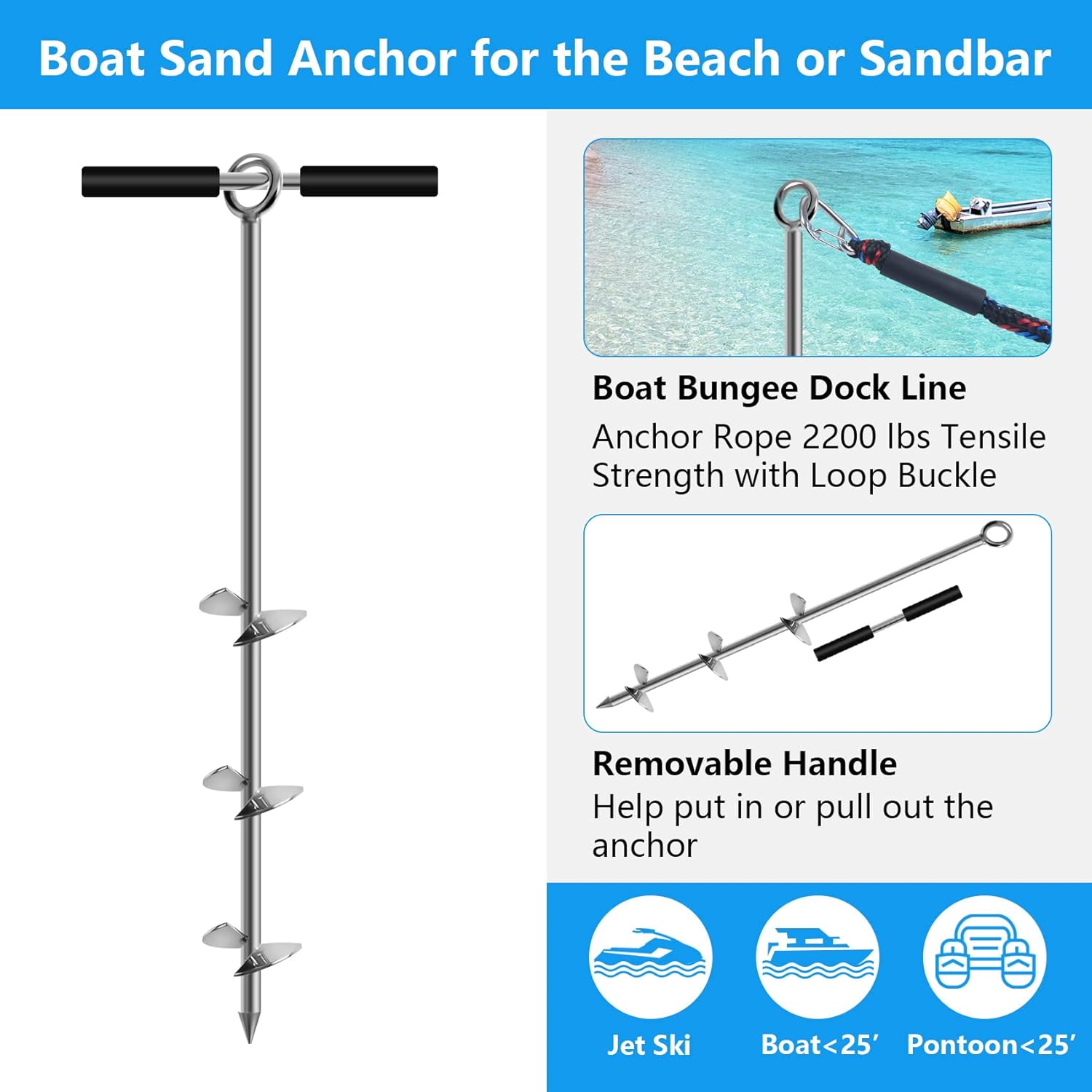 Sand Anchor,Boat Screw Anchor with Removable Handle,Boat Sand Anchor with Bungee Dock Line，Shallow Water Anchor for Boats,Jet Ski,PWC,Pontoon,Kayak,Canoe