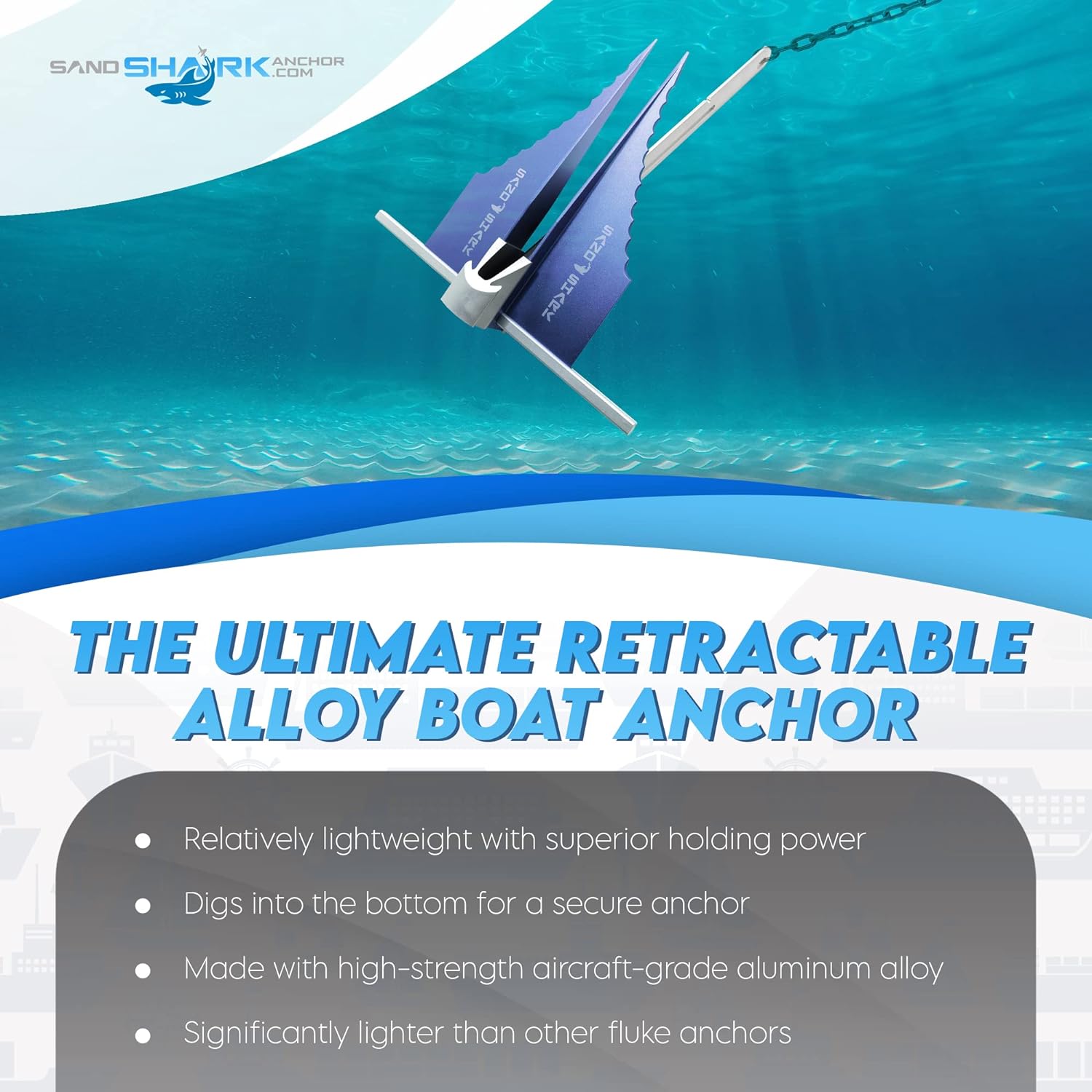 SandShark Shark-Bite Fluke Boat Anchor Retractable Heavy-Duty Aluminum Shaft w/Auto-Holding Serrated-Fins.