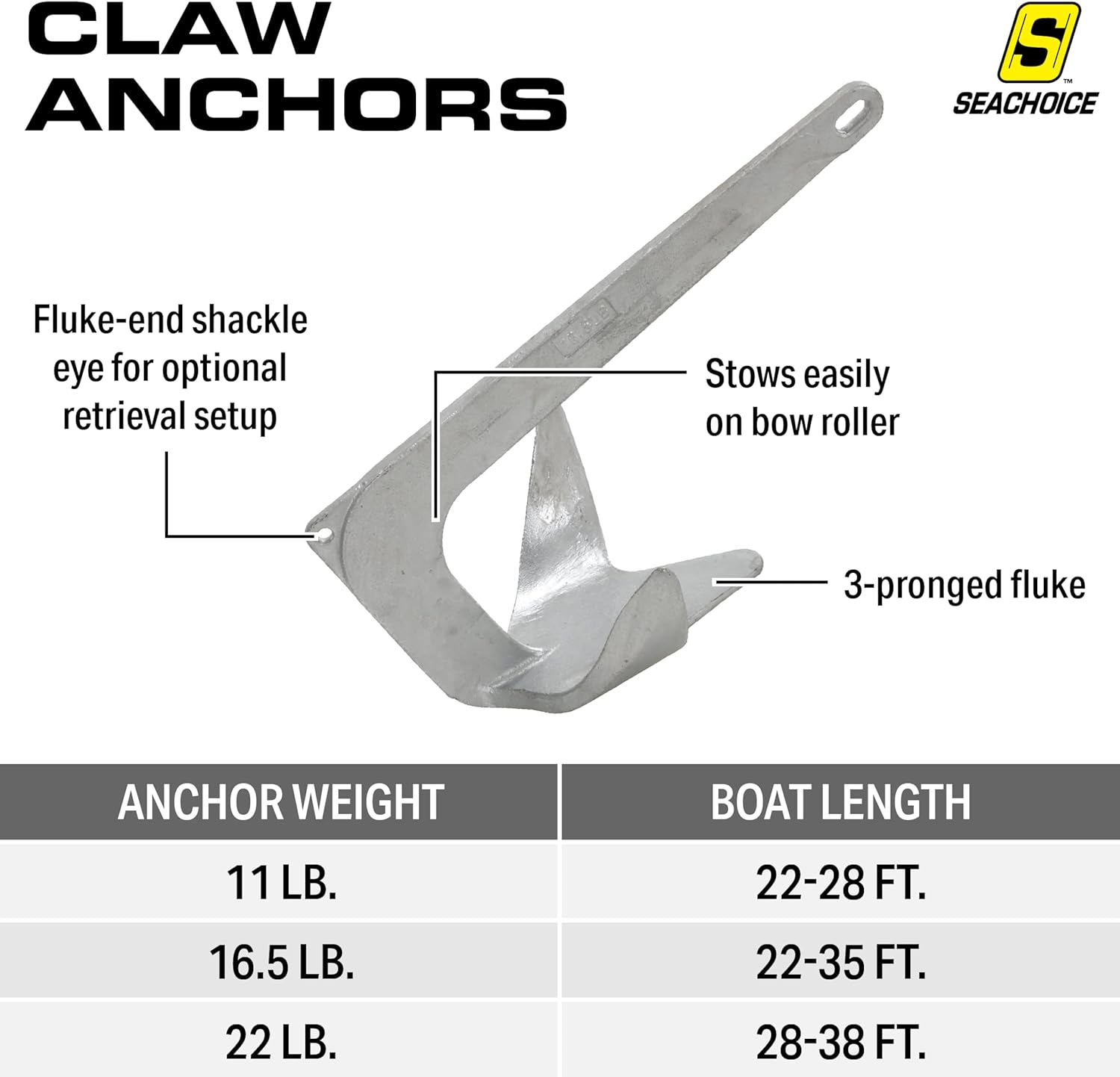 Seachoice Claw Anchor – Hot Dipped Galvanized Steel – For Use in Variety of Sea Beds – Multiple Sizes
