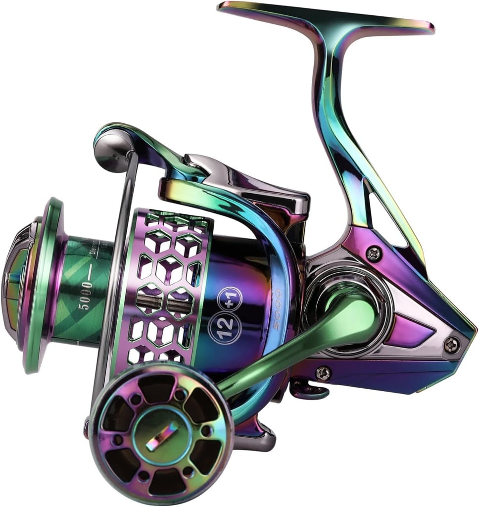 Sougayilang Fishing Reel, Colorful Aluminum Frame Spinning Reels with - 12+1 Stainless BB, Oversize Aluminum Handle for Saltwater or Freshwater Fishing