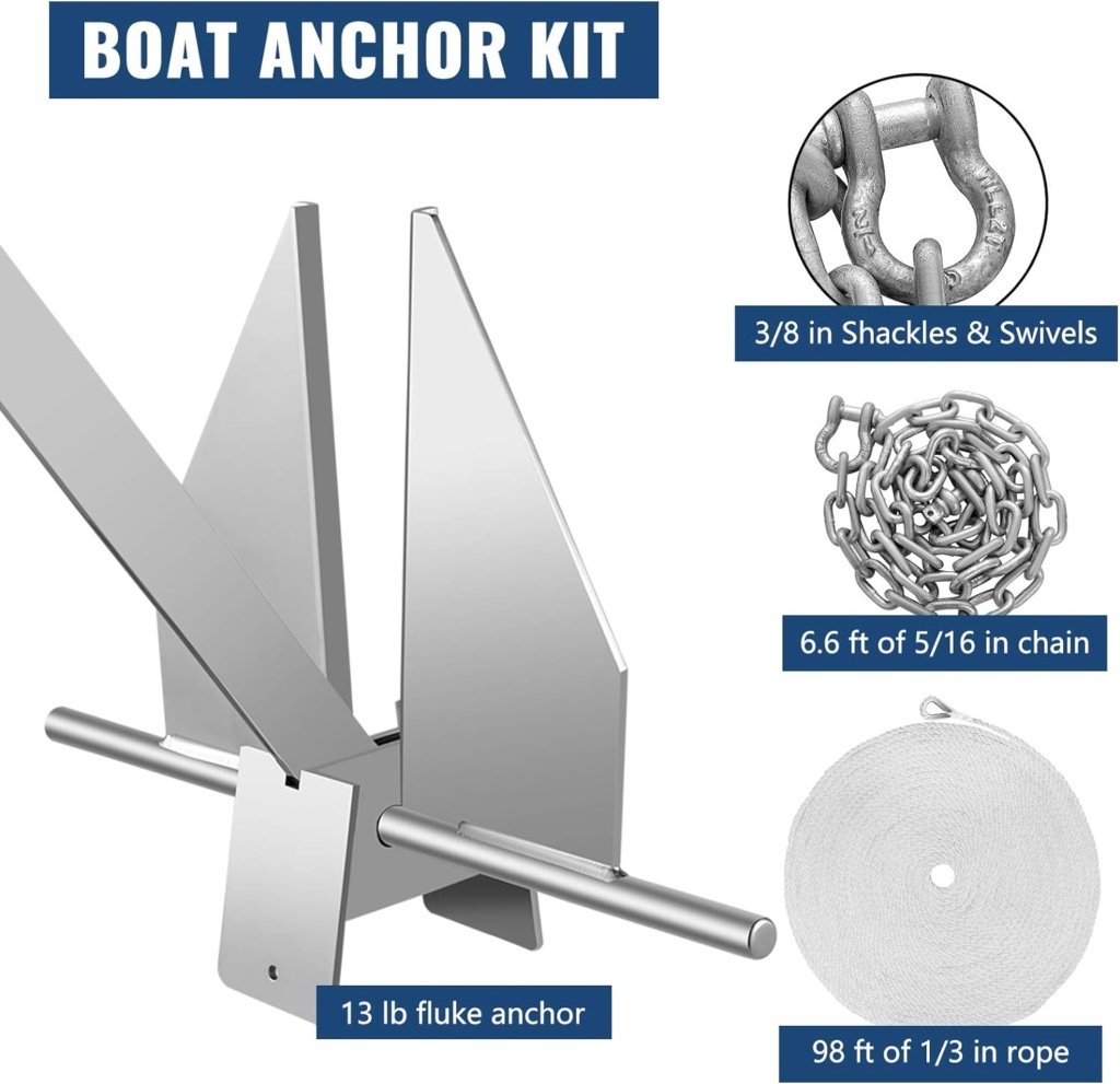 VEVOR Boat Anchor Kit 13 lb Fluke Style Anchor, Hot Dipped Galvanized Steel Fluke Anchor, Marine Anchor with Anchor, Rope, Shackles, Chain for Boat Mooring on The Beach, Boats from 20-32