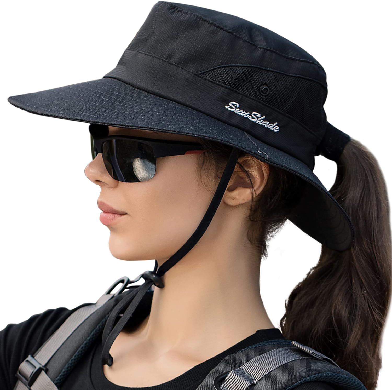 Womens Summer Mesh Wide Brim Sun UV Protection Hat with Ponytail Hole