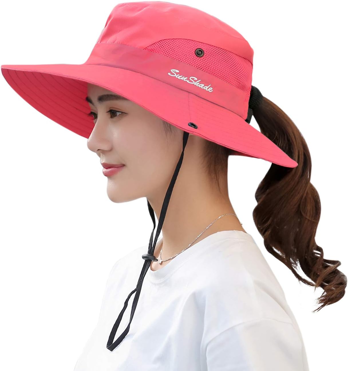 Womens Summer Mesh Wide Brim Sun UV Protection Hat with Ponytail Hole