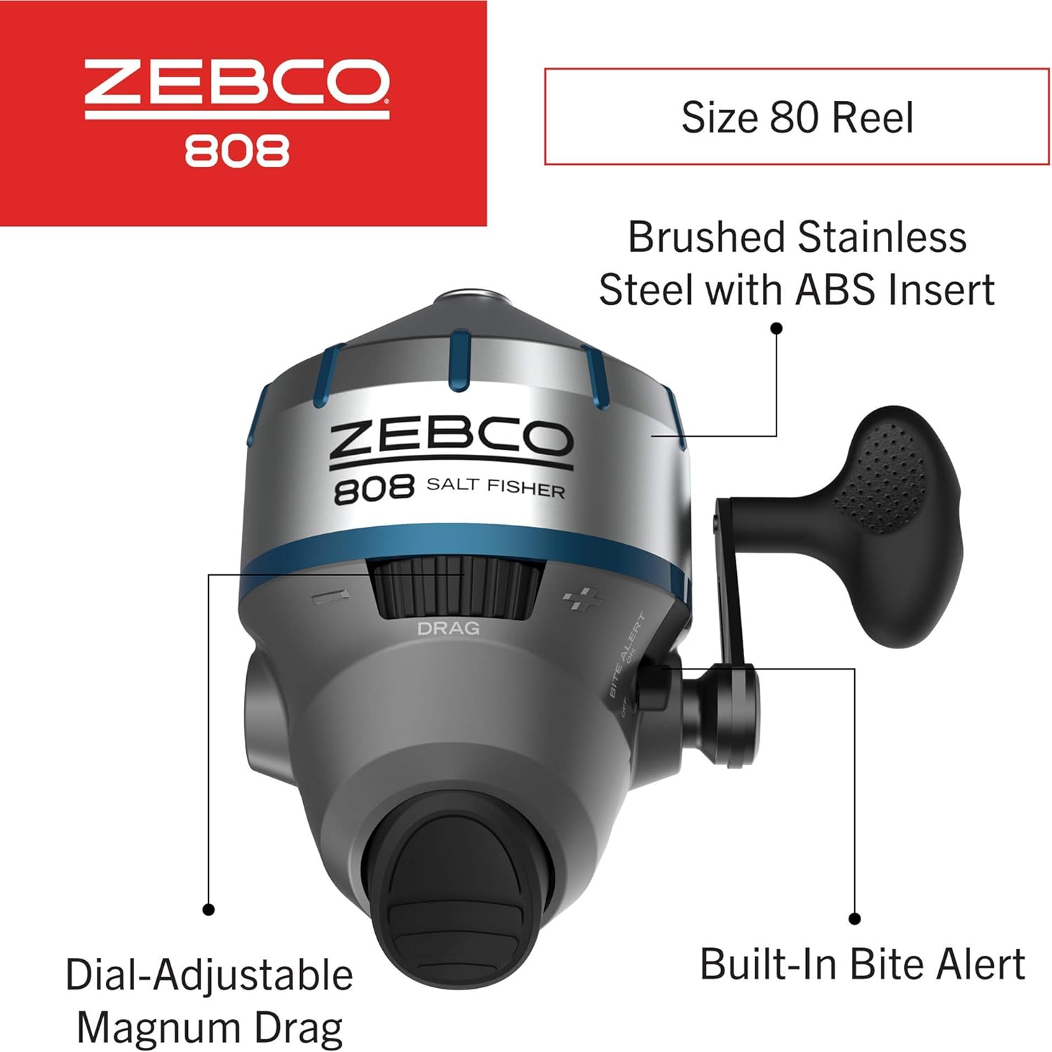 Zebco 808 Saltwater Spincast Fishing Reel, Stainless Steel Reel Cover with ABS Insert, Quickset Anti-Reverse and Bite Alert, Pre-spooled with 20-Pound Fishing Line, Size 80, Silver
