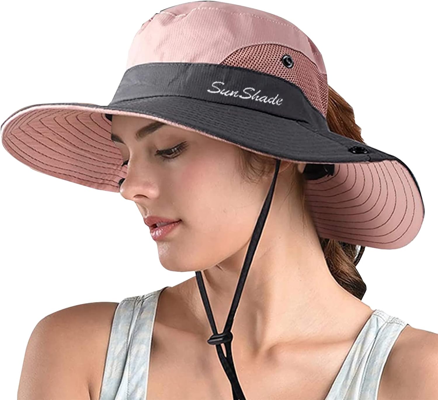 ZOORON Womens Ponytail Safari Sun Hat,Wide Brim UV Protection Outdoor Bucket Hat,Foldable Beach Summer Fishing Hat