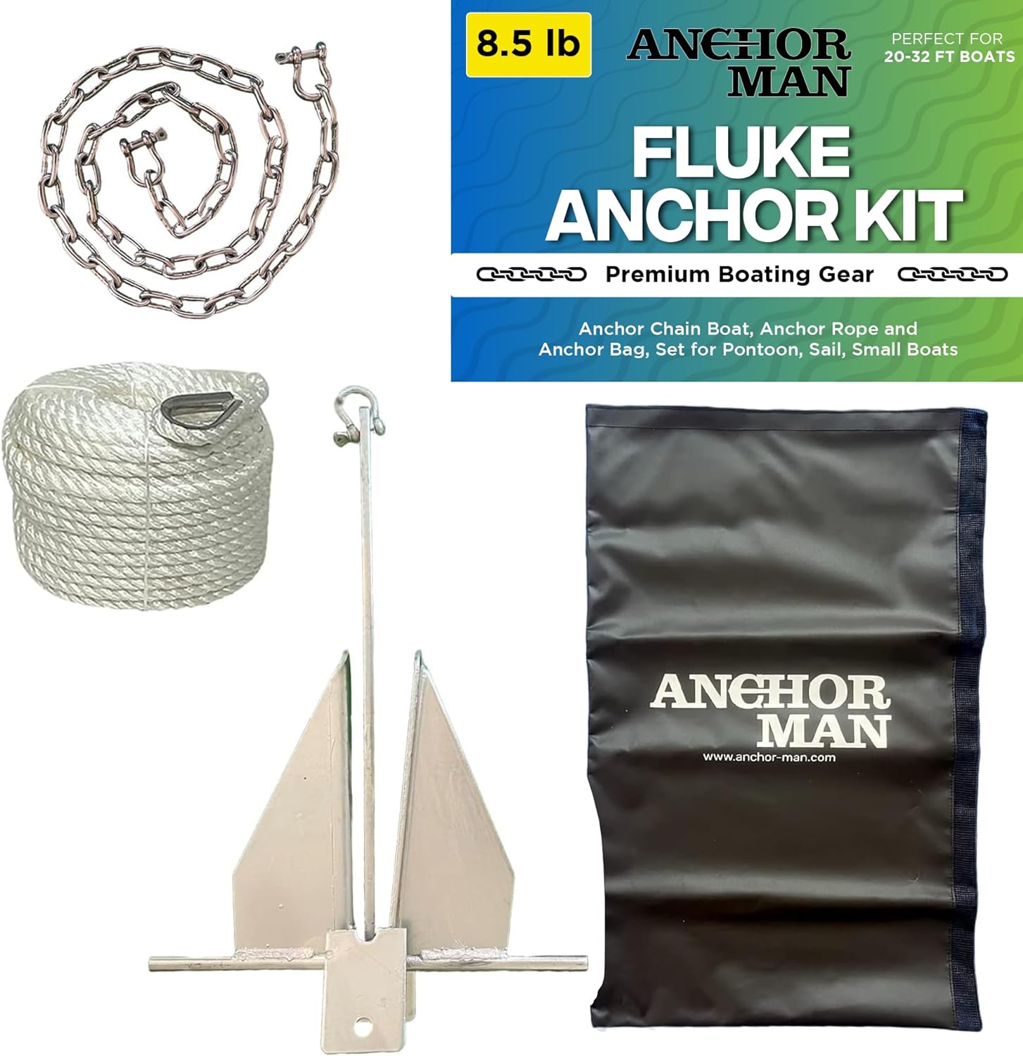 Anchor-Man Portable Galvanized Fluke Style Anchor Kit, Anchor Chain Boat, Anchor Rope and Anchor Bag, Set for Pontoon, Sail, Small Boats, Boat Anchors for 18, 25, Foot Boats - 8.5lb Kit13lb Kit