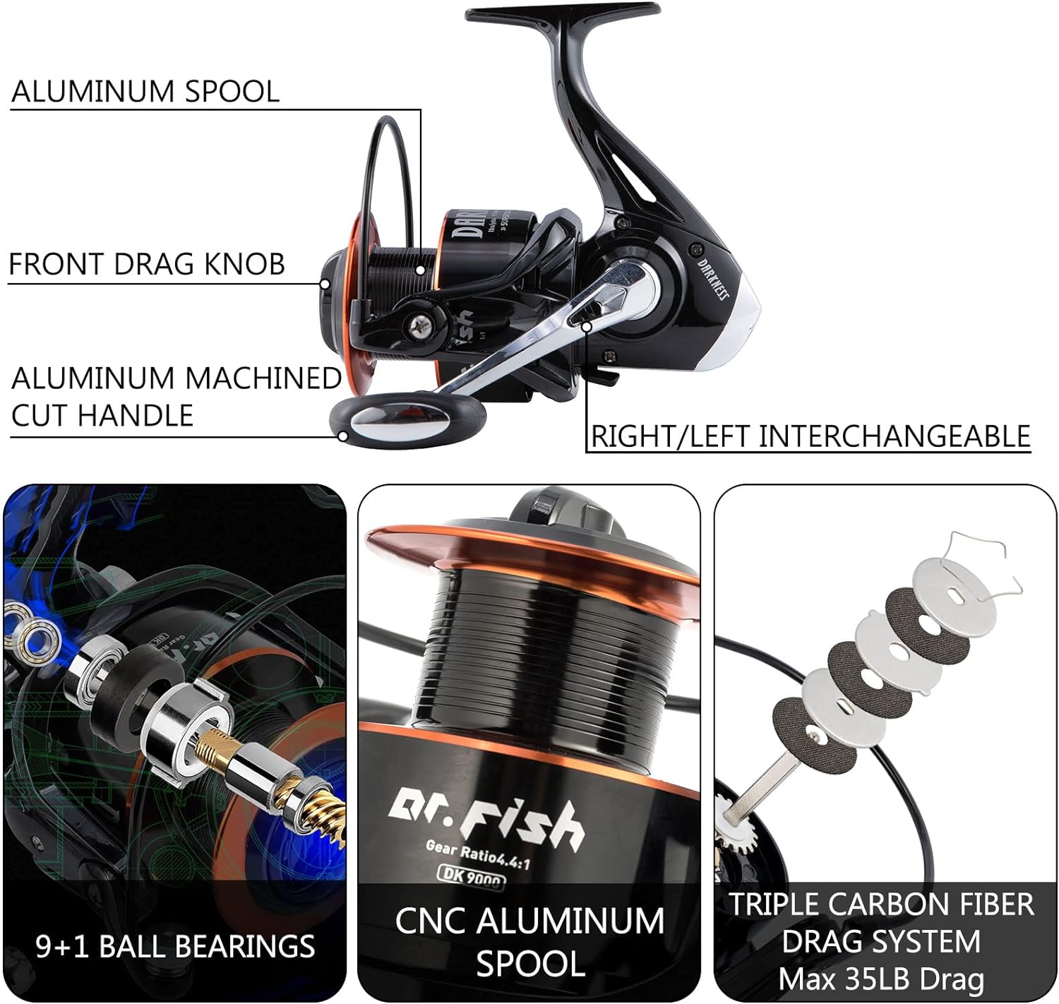 Dr.Fish Surf Fishing Rod and Reel Combo, Saltwater Fishing Combo, 12ft Surf Rod 8000/9000 Spinning Reel 9+1 BB, Offshore Sea Fishing Gear Kit Fishing Pole Equipment Set