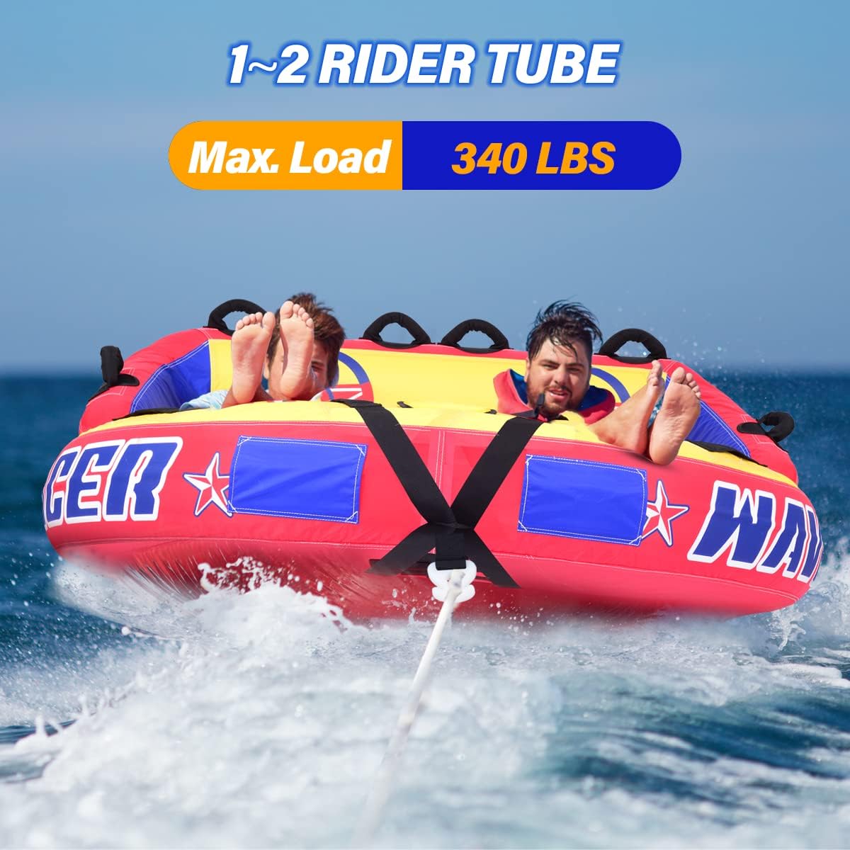 MewVeer Towable Tube for Boating, Safety Inflatable Boat Tubes and Towables, 1~2 Person Foam Seats, Water Sport Towables with Drainage, Quick Connector, Large Capacity