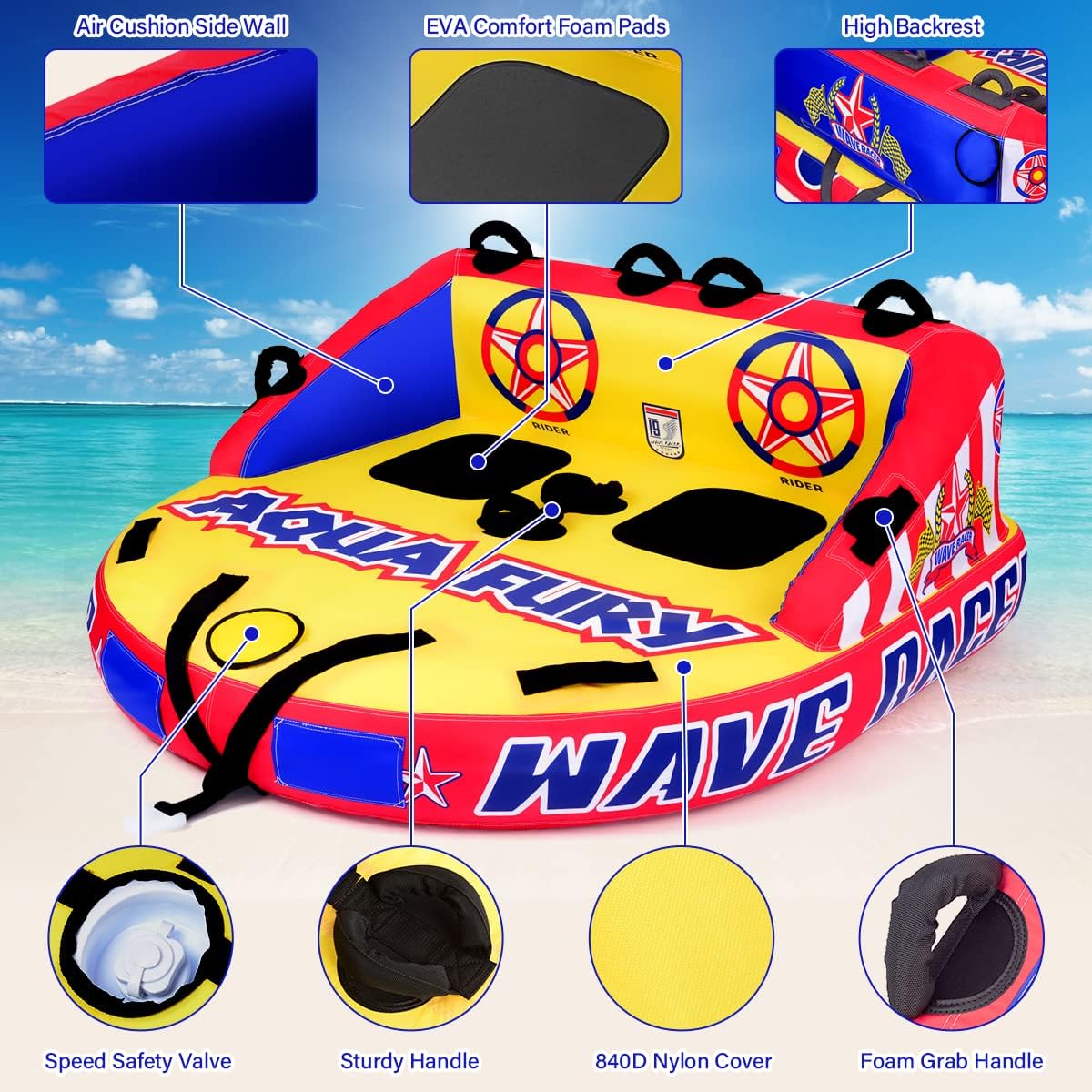 MewVeer Towable Tube for Boating, Safety Inflatable Boat Tubes and Towables, 1~2 Person Foam Seats, Water Sport Towables with Drainage, Quick Connector, Large Capacity