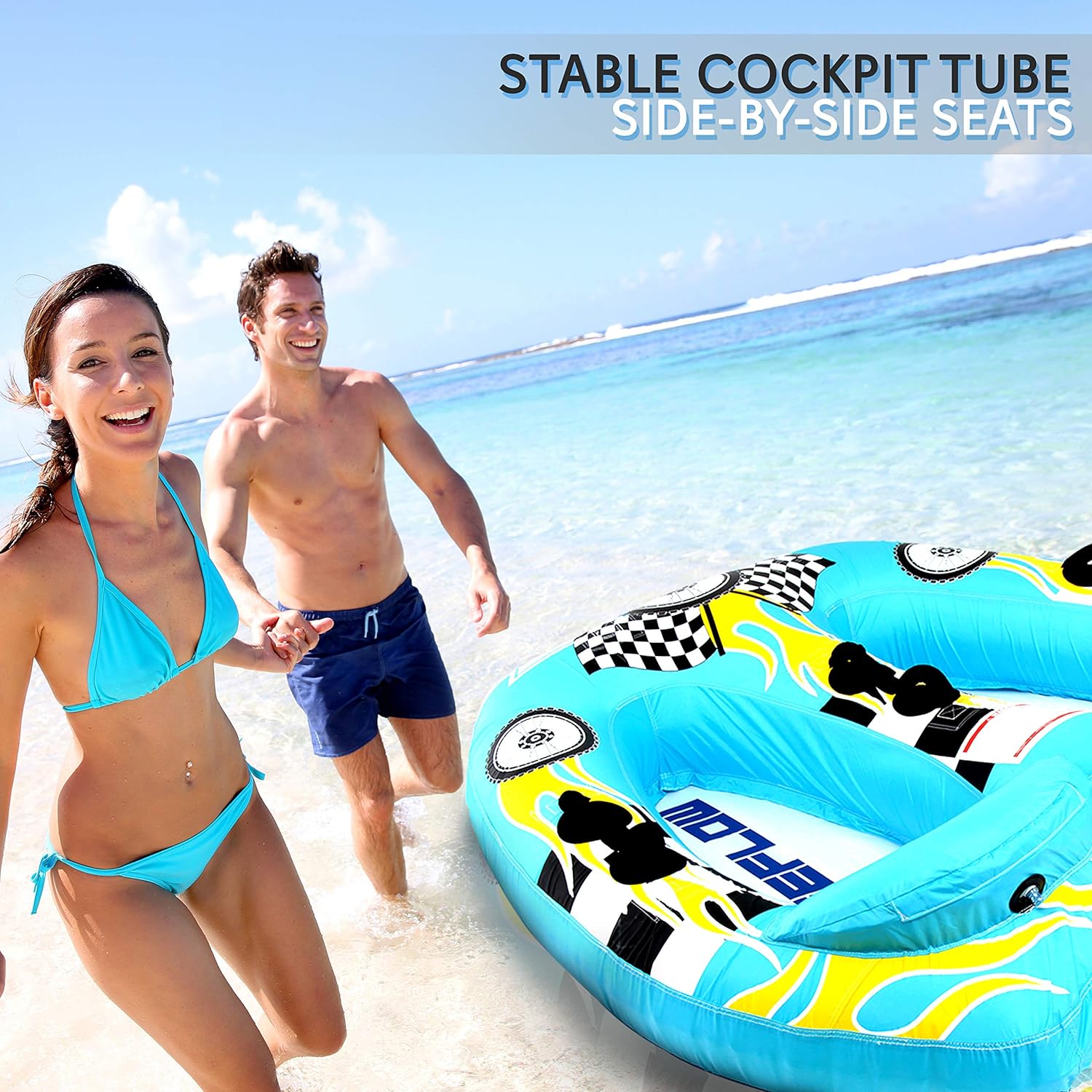 Serene Life Watersports Inflatable Towable Booster Tube - Two Person Water Boating Float Tow Raft, Inflatable Pull Boats/Tubes/Towables w/ Dual Seats, PVC Bladder, Foam Pad, Nylon Handles SLTOWBL10