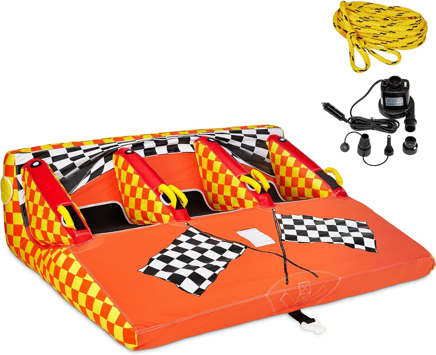 Towable Water Tube | 2  3 Person Inflatable Floating Raft for Boating with Cushion Seats, Grip Handles, Dual Tow Points  Speed Safety Valve For Fast Inflation | 12V Air Pump  Tow Rope Included